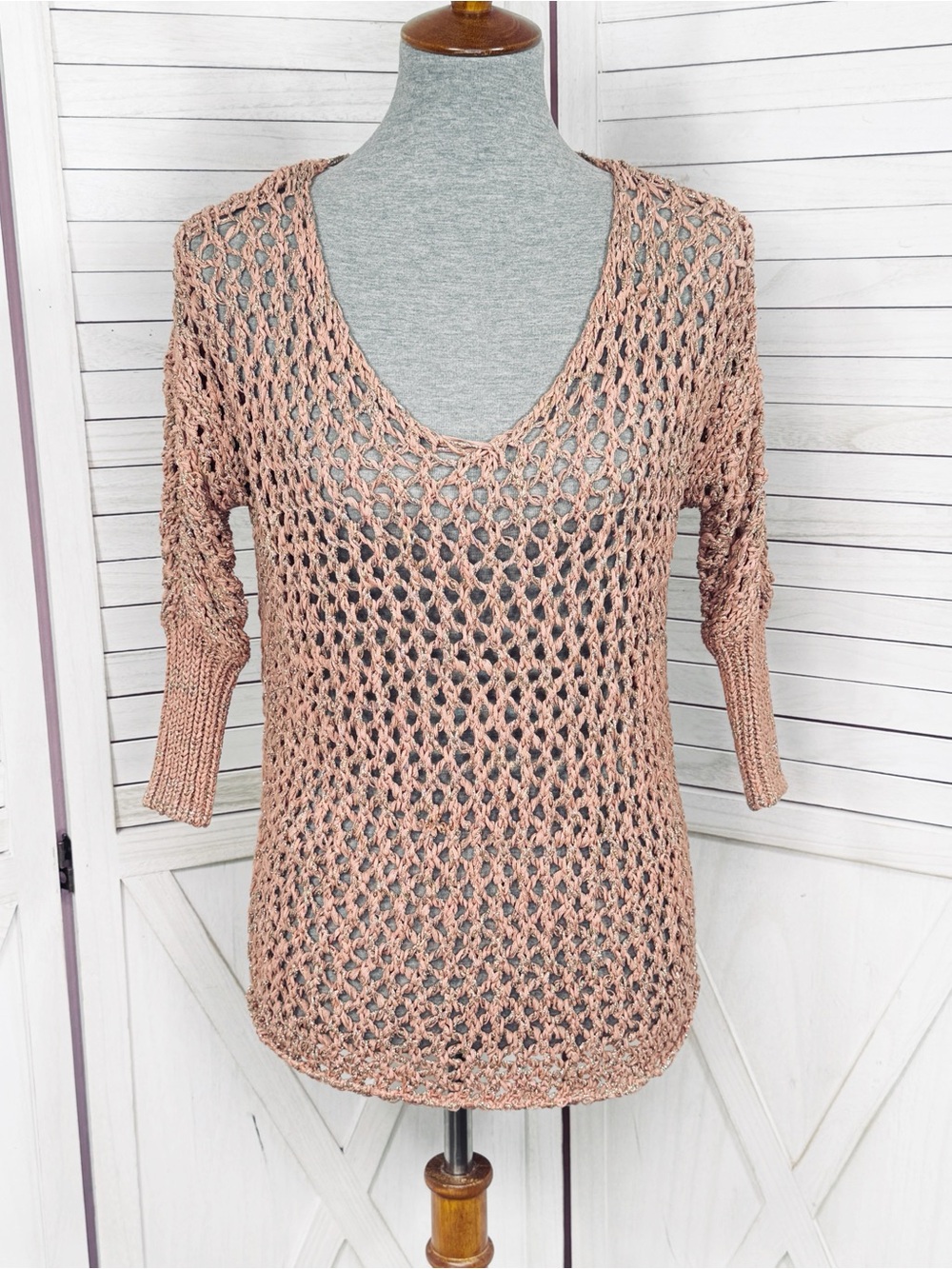 Vintage Y2K Moda International Metallic Open Knit V Neck Sweater Peach Bronze XS
